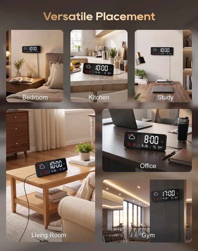 Alt view image 7 of 7 - Digital Wall Clock, Large LED Display, Network Auto-Sync Alarm Clock | Real-Time Display, Indoor Temp & Humidity, Outdoor Weather & Temperature, Corded for Bedroom, Living Room, Classroom, Office