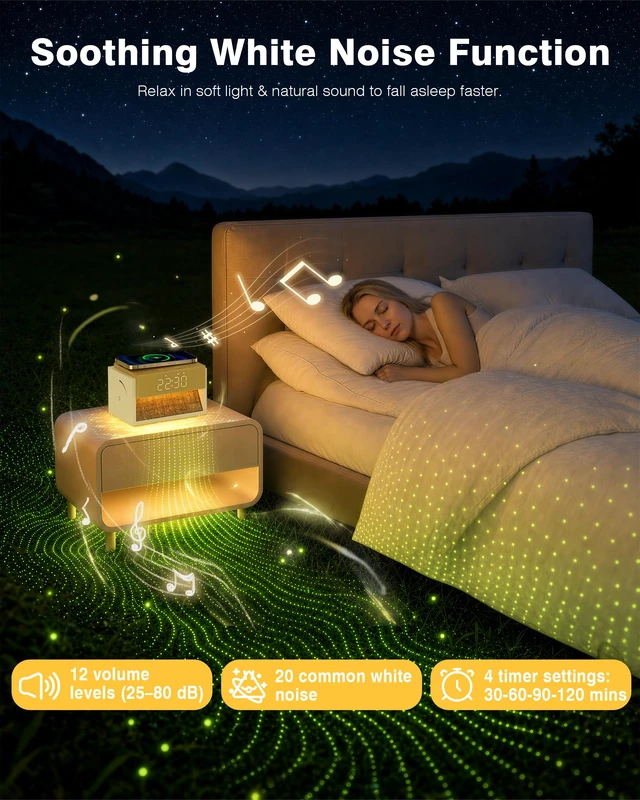Alt view image 2 of 7 - Sunrise Alarm Clock with Sound Machine, Wireless Phone Charger | 20 Sleep Sounds, Natural Wake Up Light, Dimmable Clock for Bedroom, White Noise Machine for Heavy Sleepers Teens Adults