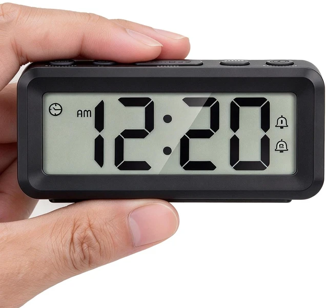 Main image of Small Digital Clock Battery Operated, Dual Alarms Magnetic Back | Compact Battery Operated Clock, Battery Included, Snooze, Time/Date Display for Travel Dorm Office (No Backlight)