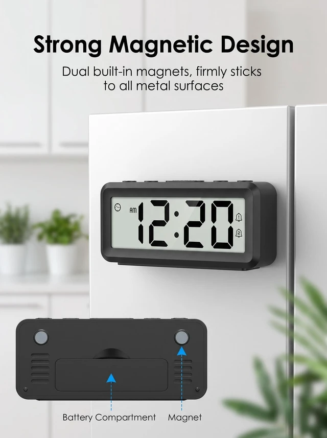 Alt view image 2 of 7 - Small Digital Clock Battery Operated, Dual Alarms Magnetic Back | Compact Battery Operated Clock, Battery Included, Snooze, Time/Date Display for Travel Dorm Office (No Backlight)