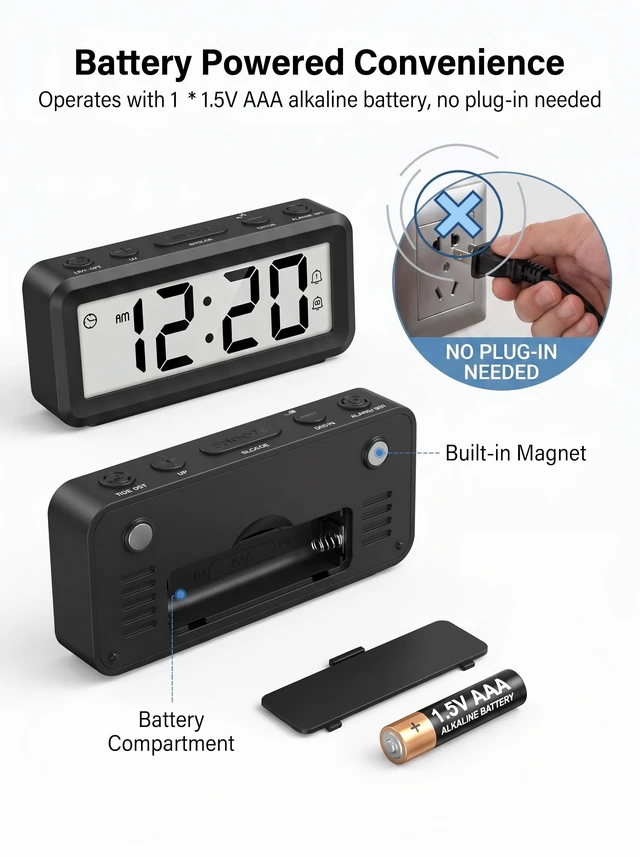 Alt view image 3 of 7 - Small Digital Clock Battery Operated, Dual Alarms Magnetic Back | Compact Battery Operated Clock, Battery Included, Snooze, Time/Date Display for Travel Dorm Office (No Backlight)