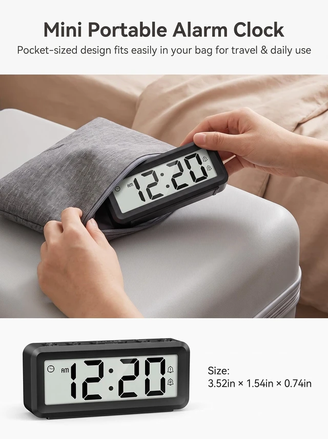 Alt view image 4 of 7 - Small Digital Clock Battery Operated, Dual Alarms Magnetic Back | Compact Battery Operated Clock, Battery Included, Snooze, Time/Date Display for Travel Dorm Office (No Backlight)