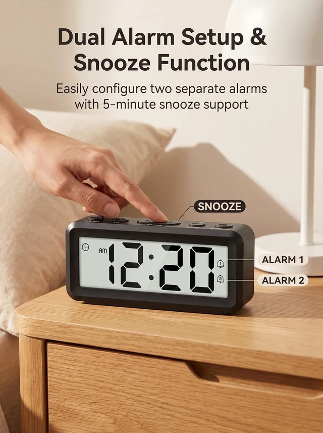 Alt view image 5 of 7 - Small Digital Clock Battery Operated, Dual Alarms Magnetic Back | Compact Battery Operated Clock, Battery Included, Snooze, Time/Date Display for Travel Dorm Office (No Backlight)