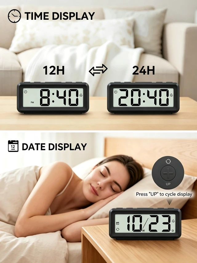 Alt view image 6 of 7 - Small Digital Clock Battery Operated, Dual Alarms Magnetic Back | Compact Battery Operated Clock, Battery Included, Snooze, Time/Date Display for Travel Dorm Office (No Backlight)
