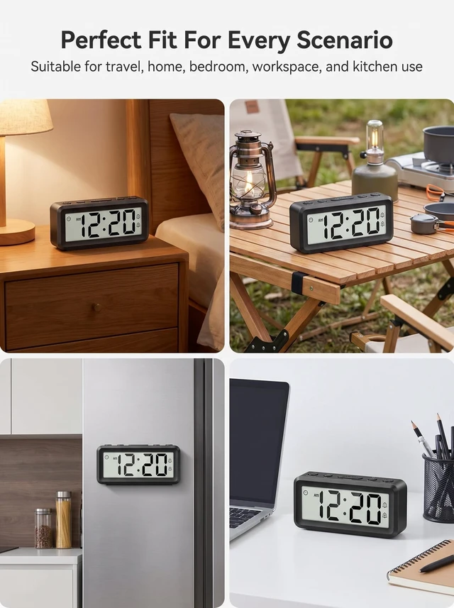 Alt view image 7 of 7 - Small Digital Clock Battery Operated, Dual Alarms Magnetic Back | Compact Battery Operated Clock, Battery Included, Snooze, Time/Date Display for Travel Dorm Office (No Backlight)
