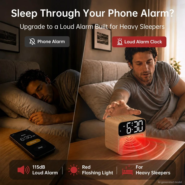 Alt view image 2 of 7 - Extra Loud Alarm Clock for Heavy Sleepers with 115dB Alarm | Red Flashing Light Backup to Help Prevent Oversleeping - Dual Alarm for Teens Adults Shift Workers in Bedroom - Wood Grain