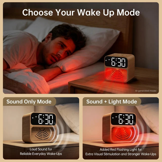 Alt view image 3 of 7 - Extra Loud Alarm Clock for Heavy Sleepers with 115dB Alarm | Red Flashing Light Backup to Help Prevent Oversleeping - Dual Alarm for Teens Adults Shift Workers in Bedroom - Wood Grain