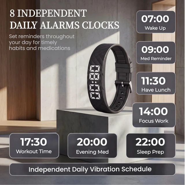 Alt view image 3 of 7 - Vibrating Alarm Wristband - Effective Alarm Clock for Heavy Sleepers, with up to 8 Personal Alarms or Pill Reminders per DayBlack