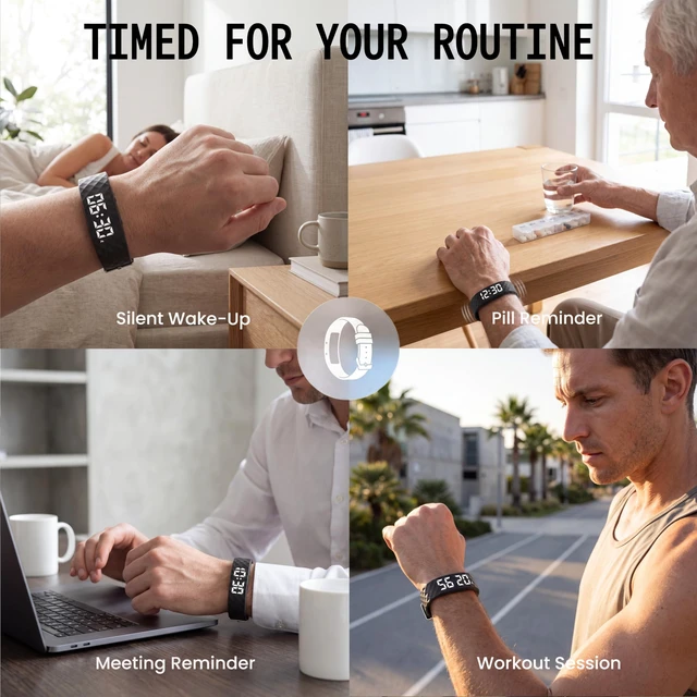 Alt view image 4 of 7 - Vibrating Alarm Wristband - Effective Alarm Clock for Heavy Sleepers, with up to 8 Personal Alarms or Pill Reminders per DayBlack