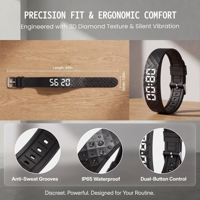 Alt view image 6 of 7 - Vibrating Alarm Wristband - Effective Alarm Clock for Heavy Sleepers, with up to 8 Personal Alarms or Pill Reminders per DayBlack