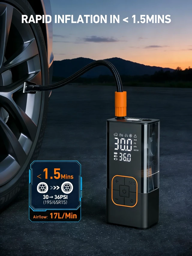 Alt view image 5 of 6 - Tire Inflator Portable Air Compressor Cordless Mini Bike Pump with Digital Display, 150 PSI Car Tires Air Pump with Pressure Gauge, LED Lights & Pressure Gauge for Car, Motorcycle, Bike, Balls