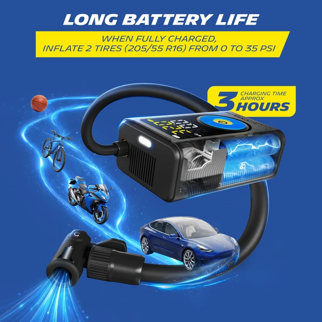 Alt view image 6 of 7 - Tire Inflator, Portable Air Compressor, 150 PSI Air Pump, 5200mAh Dual Battery, Auto Shut-Off, LED Screen, for Cars, Motorcycles, and Bicycles