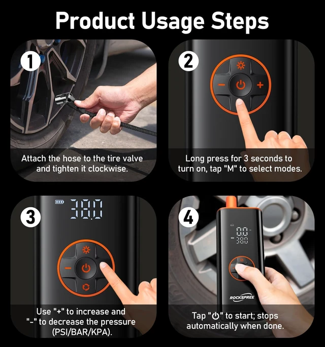 Alt view image 6 of 7 - Tire Inflator Portable Air Compressor, 180 PSI Cordless Tire Pump | 20L/min fast inflation and 12V dual power, automatic shutoff