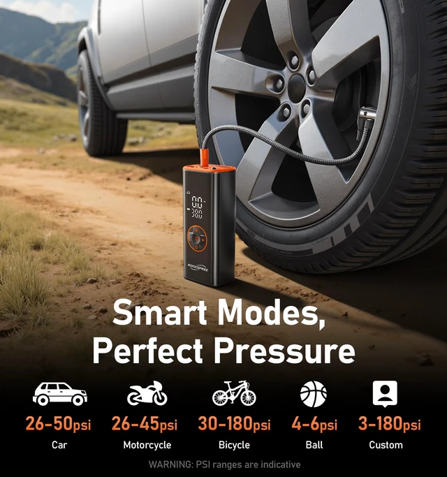 Alt view image 7 of 7 - Tire Inflator Portable Air Compressor, 180 PSI Cordless Tire Pump | 20L/min fast inflation and 12V dual power, automatic shutoff