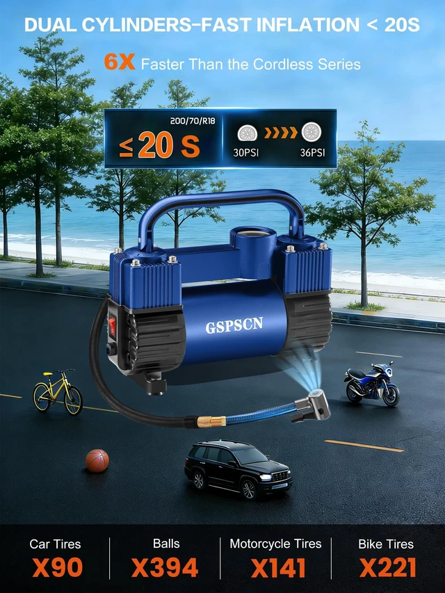 Alt view image 2 of 7 - 12V Heavy Duty Tire Inflator Metal Portable Air Compressor Pump | 6X Faster Inflation Double Cylinders 150PSI Air Pump with Adapter for Car, RV,Pickup Truck, SUV, Van,Camper, Air Bed,Ball