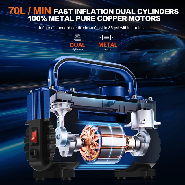 Alt view image 5 of 7 - 12V Heavy Duty Tire Inflator Metal Portable Air Compressor Pump | 6X Faster Inflation Double Cylinders 150PSI Air Pump with Adapter for Car, RV,Pickup Truck, SUV, Van,Camper, Air Bed,Ball