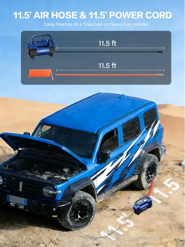 Alt view image 4 of 7 - 12V Heavy Duty Tire Inflator Metal Portable Air Compressor Pump | 6X Faster Inflation Double Cylinders 150PSI Air Pump with Adapter for Car, RV,Pickup Truck, SUV, Van,Camper, Air Bed,Ball
