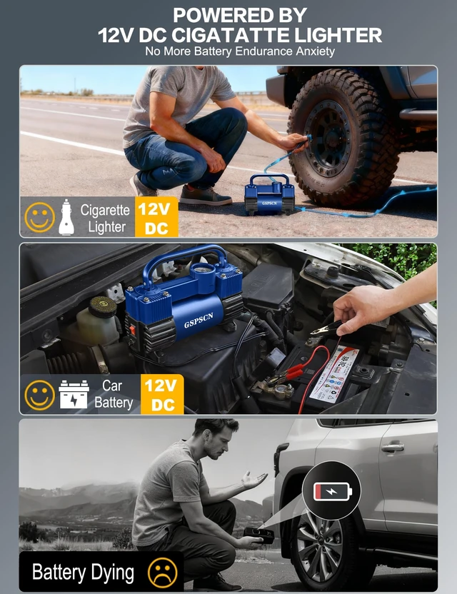 Alt view image 7 of 7 - 12V Heavy Duty Tire Inflator Metal Portable Air Compressor Pump | 6X Faster Inflation Double Cylinders 150PSI Air Pump with Adapter for Car, RV,Pickup Truck, SUV, Van,Camper, Air Bed,Ball