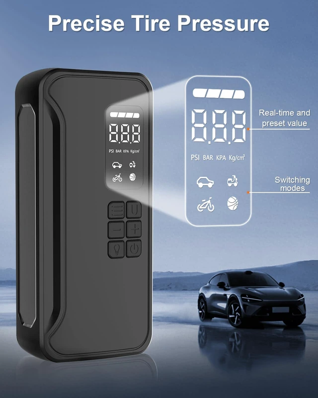 Alt view image 7 of 7 - Tire Inflator Portable Air Compressor 150 PSI Cordless Air Pump | Digital Pressure Gauge, LED Light, For Car Tires, Motorcycle, Bike, Ball, Inflatables