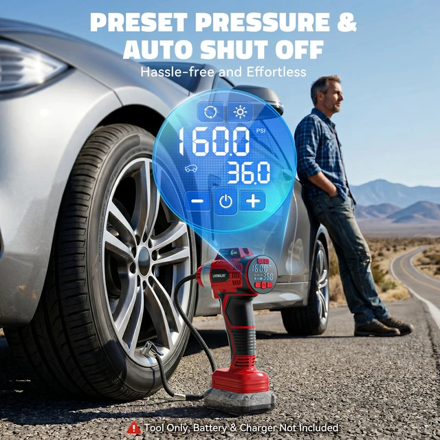 Alt view image 6 of 7 - 160PSI Cordless Tire Inflator Compatible with Craftsman 20V Battery | 12Ft Cord-12V DC-Powered Portable Air Compressor with Digital Pressure Gauge, Auto Shut-Off, LED Light for Car (Tool Only)