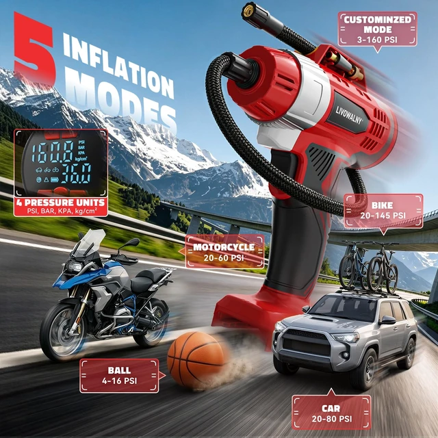 Alt view image 7 of 7 - 160PSI Cordless Tire Inflator Compatible with Craftsman 20V Battery | 12Ft Cord-12V DC-Powered Portable Air Compressor with Digital Pressure Gauge, Auto Shut-Off, LED Light for Car (Tool Only)
