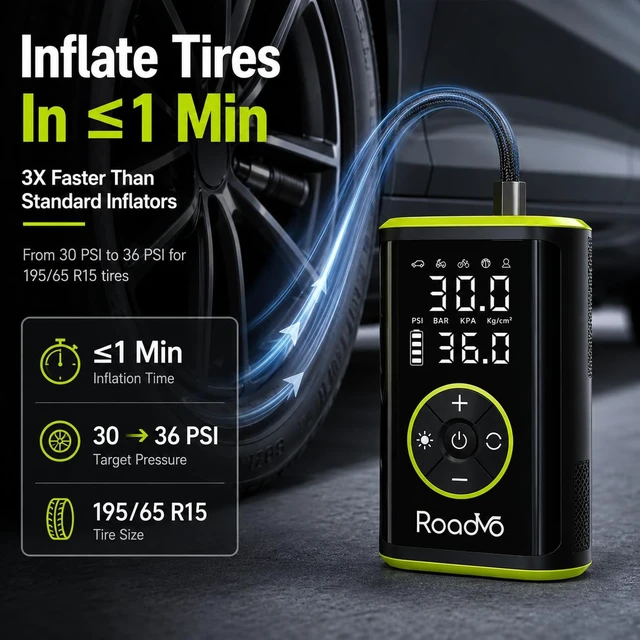 Alt view image 2 of 7 - 10000mAh Tire Inflator Portable Air Compressor | 150PSI, 3X Faster Electric Cordless, Presta & Schrader Valves, Auto Shut-Off, LED,Car,Motorcycle,Bike,Ball