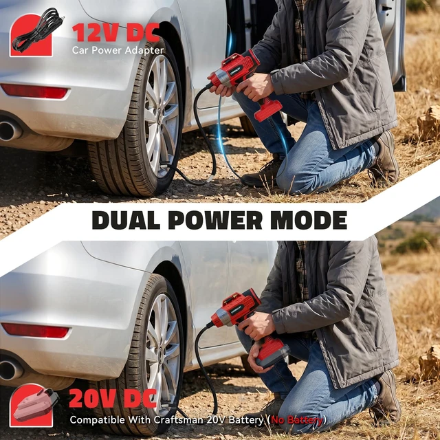 Alt view image 3 of 7 - 160PSI Cordless Tire Inflator Compatible with Craftsman 20V Battery | 12Ft Cord-12V DC-Powered Portable Air Compressor with Digital Pressure Gauge, Auto Shut-Off, LED Light for Car (Tool Only)