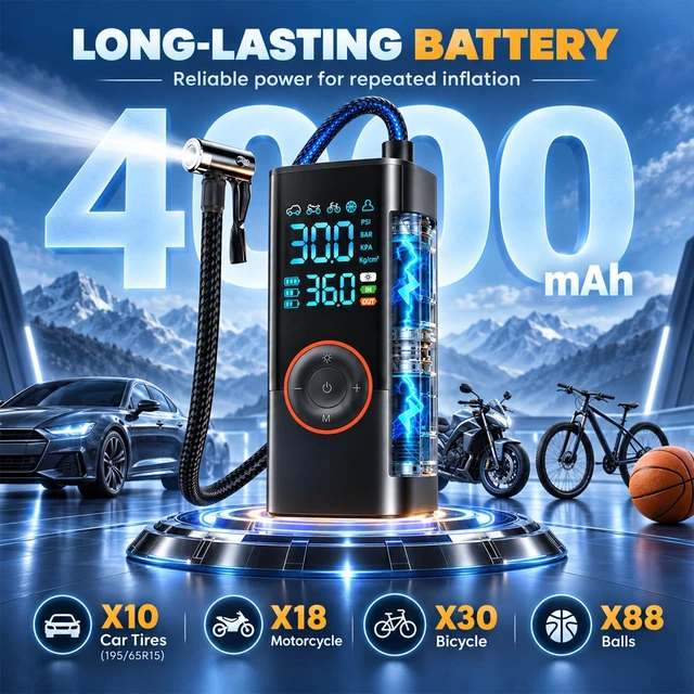 Alt view image 3 of 6 - Portable Cordless Tire Inflator, 150PSI Air Compressor with Digital Gauge | 25L/min Fast Inflation, 5 Preset Modes, Digital Gauge, LED Light, Type-C Charging for Car Motorcycle Bike Scooter Ball