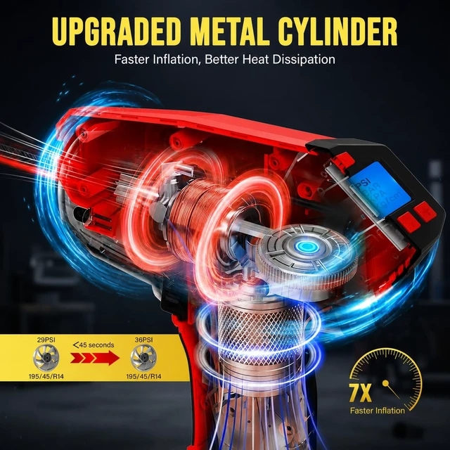 Alt view image 3 of 7 - Tire Inflator Portable Air Compressor - 160PSI (20V Battery & 12V DC) | Cordless Tire Pump with Dual Power, 7X Faster Inflation Air Pump,Auto Shut Off, Digital Gauge for Car, Motorcycle, E-Bike