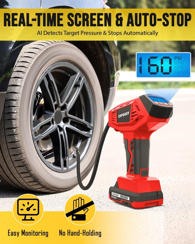 Alt view image 7 of 7 - Tire Inflator Portable Air Compressor - 160PSI (20V Battery & 12V DC) | Cordless Tire Pump with Dual Power, 7X Faster Inflation Air Pump,Auto Shut Off, Digital Gauge for Car, Motorcycle, E-Bike