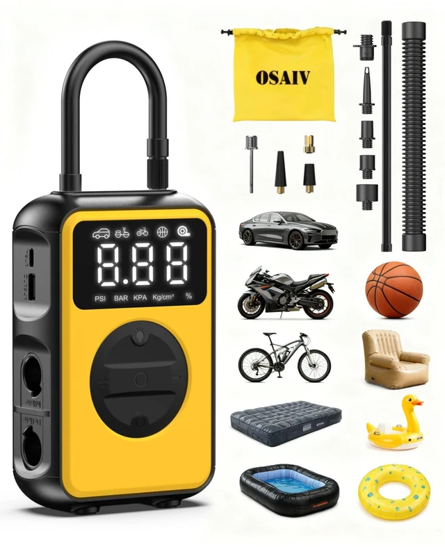 Main image of Tire Inflator Portable Air Compressor Cordless with Pressure Gauge and Auto Shut-Off Function, Dual Modes Air Pump - 150 PSI for Car Bike Tires & 4.0 kPa for Air Mattresses and Inflatables