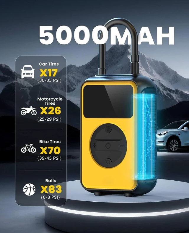 Alt view image 5 of 7 - Tire Inflator Portable Air Compressor Cordless with Pressure Gauge and Auto Shut-Off Function, Dual Modes Air Pump - 150 PSI for Car Bike Tires & 4.0 kPa for Air Mattresses and Inflatables