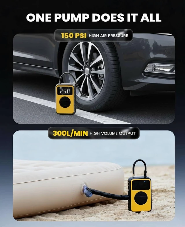 Alt view image 2 of 7 - Tire Inflator Portable Air Compressor Cordless with Pressure Gauge and Auto Shut-Off Function, Dual Modes Air Pump - 150 PSI for Car Bike Tires & 4.0 kPa for Air Mattresses and Inflatables