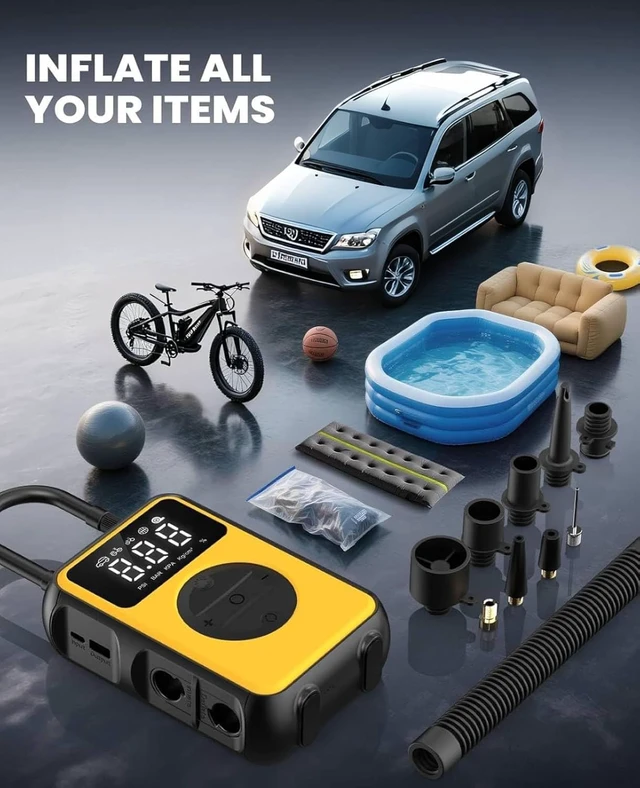 Alt view image 6 of 7 - Tire Inflator Portable Air Compressor Cordless with Pressure Gauge and Auto Shut-Off Function, Dual Modes Air Pump - 150 PSI for Car Bike Tires & 4.0 kPa for Air Mattresses and Inflatables