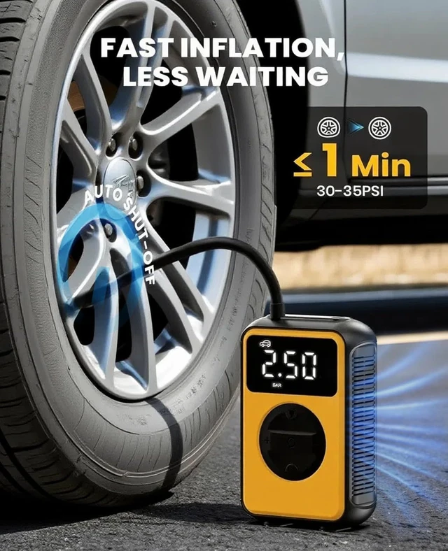 Alt view image 3 of 7 - Tire Inflator Portable Air Compressor Cordless with Pressure Gauge and Auto Shut-Off Function, Dual Modes Air Pump - 150 PSI for Car Bike Tires & 4.0 kPa for Air Mattresses and Inflatables