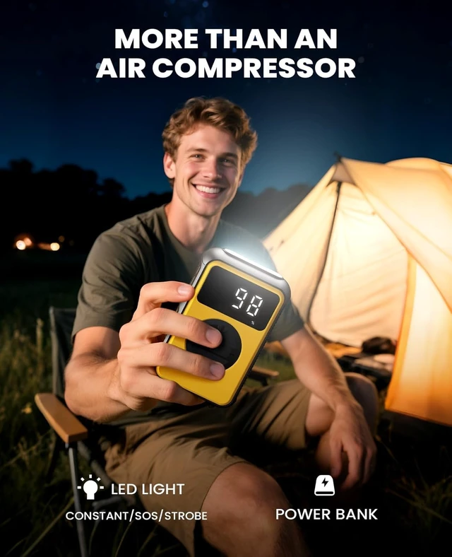 Alt view image 7 of 7 - Tire Inflator Portable Air Compressor Cordless with Pressure Gauge and Auto Shut-Off Function, Dual Modes Air Pump - 150 PSI for Car Bike Tires & 4.0 kPa for Air Mattresses and Inflatables