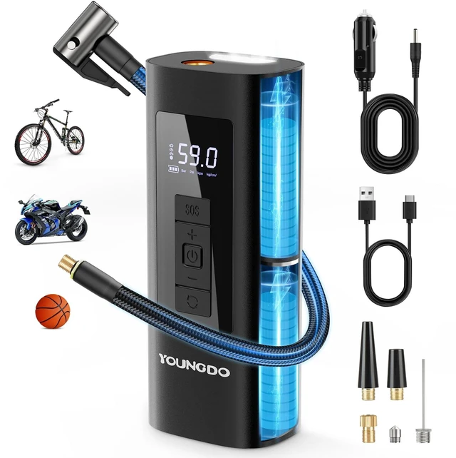 Main image of Tire Inflator Portable Air Compressor, Bike Pump | 150 PSI Cordless Air Pump, Fast Inflation, Auto Shut-off, Pressure Gauge, LED Light, for Car, Bike, Motorcycle and Ball