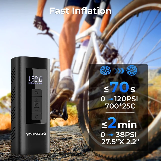Alt view image 2 of 6 - Tire Inflator Portable Air Compressor, Bike Pump | 150 PSI Cordless Air Pump, Fast Inflation, Auto Shut-off, Pressure Gauge, LED Light, for Car, Bike, Motorcycle and Ball