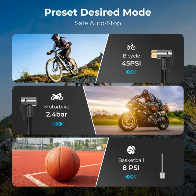 Alt view image 3 of 6 - Tire Inflator Portable Air Compressor, Bike Pump | 150 PSI Cordless Air Pump, Fast Inflation, Auto Shut-off, Pressure Gauge, LED Light, for Car, Bike, Motorcycle and Ball