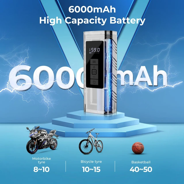 Alt view image 4 of 6 - Tire Inflator Portable Air Compressor, Bike Pump | 150 PSI Cordless Air Pump, Fast Inflation, Auto Shut-off, Pressure Gauge, LED Light, for Car, Bike, Motorcycle and Ball