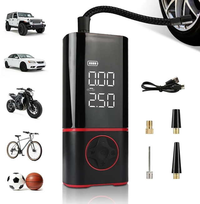 Main image of Portable Air Compressor, Tire Inflator with Digital Gauge, 2000mAh Rechargeable Battery, 150 PSI, for Car Tires, Bike, Motorcycle, Balls, Air Mattress, Includes LED Light & Multiple Nozzles