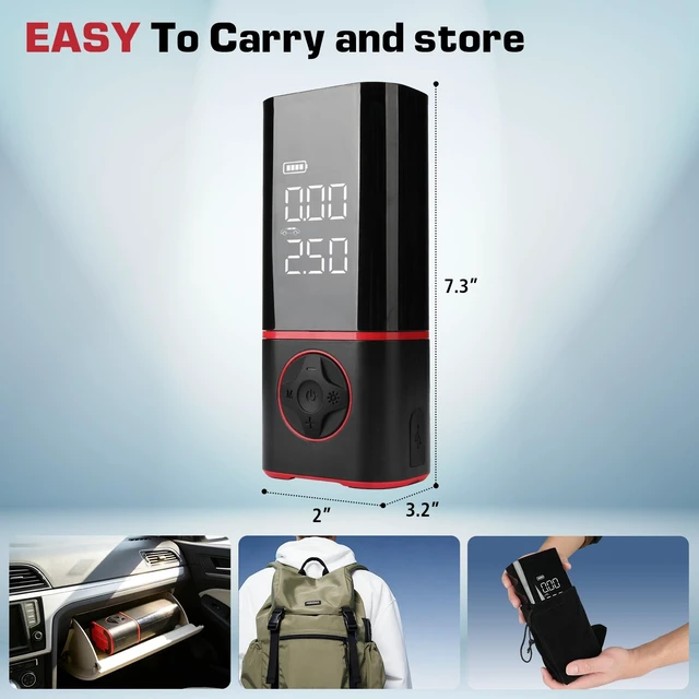 Alt view image 2 of 6 - Portable Air Compressor, Tire Inflator with Digital Gauge, 2000mAh Rechargeable Battery, 150 PSI, for Car Tires, Bike, Motorcycle, Balls, Air Mattress, Includes LED Light & Multiple Nozzles