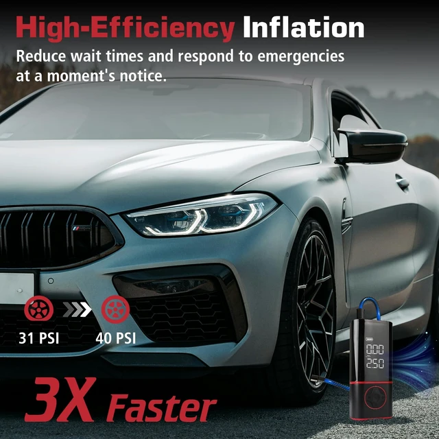 Alt view image 4 of 6 - Portable Air Compressor, Tire Inflator with Digital Gauge, 2000mAh Rechargeable Battery, 150 PSI, for Car Tires, Bike, Motorcycle, Balls, Air Mattress, Includes LED Light & Multiple Nozzles