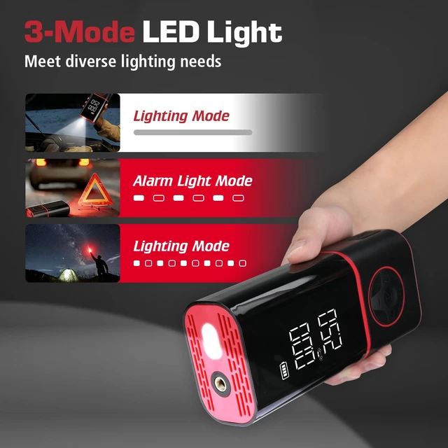 Alt view image 5 of 6 - Portable Air Compressor, Tire Inflator with Digital Gauge, 2000mAh Rechargeable Battery, 150 PSI, for Car Tires, Bike, Motorcycle, Balls, Air Mattress, Includes LED Light & Multiple Nozzles