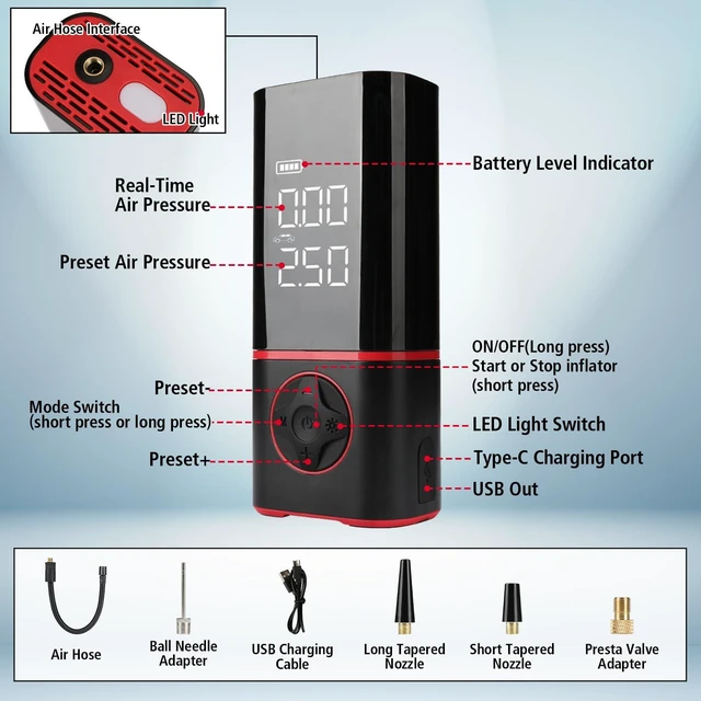 Alt view image 6 of 6 - Portable Air Compressor, Tire Inflator with Digital Gauge, 2000mAh Rechargeable Battery, 150 PSI, for Car Tires, Bike, Motorcycle, Balls, Air Mattress, Includes LED Light & Multiple Nozzles