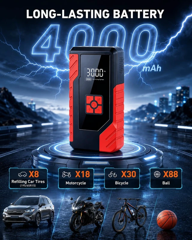 Alt view image 2 of 7 - Tire Inflator Portable Air Compressor Rechargeable Air Pump for Car Tires | cordless rechargeable tire inflator with Auto Shut-Off, LED Light & USB Power Bank