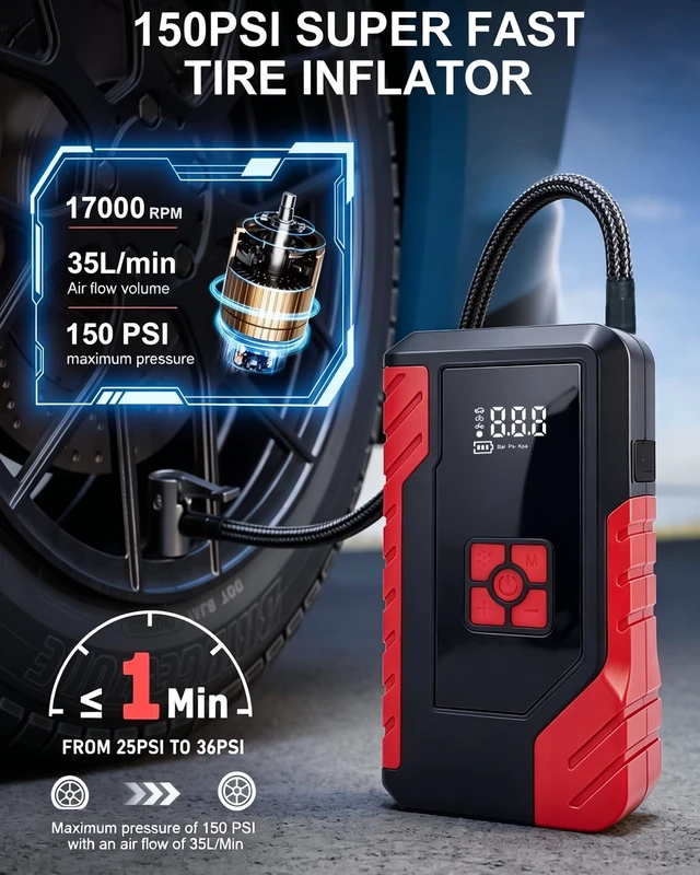 Alt view image 3 of 7 - Tire Inflator Portable Air Compressor Rechargeable Air Pump for Car Tires | cordless rechargeable tire inflator with Auto Shut-Off, LED Light & USB Power Bank