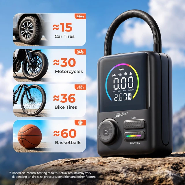 Alt view image 5 of 7 - Portable Tire Inflator, 150 PSI Cordless Air Pump, Fast Inflation | Portable Air Compressor for Car Tires, ±0.5 PSI Accuracy, Auto Shutoff, 10000mAh Battery, Dual Power, Color Display, 5 Modes