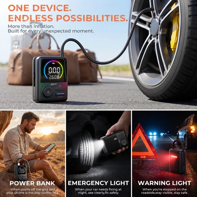 Alt view image 6 of 7 - Portable Tire Inflator, 150 PSI Cordless Air Pump, Fast Inflation | Portable Air Compressor for Car Tires, ±0.5 PSI Accuracy, Auto Shutoff, 10000mAh Battery, Dual Power, Color Display, 5 Modes