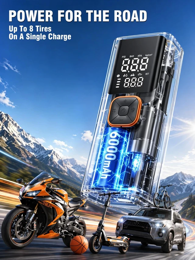 Alt view image 4 of 7 - Tools - Other HandTire Inflator Portable Air Compressor, 6000mAh Cordless & 12V DC | 150PSI Cordless Tire Pump, Emergency Roadside Kit for Flat Tires, Fast Inflation for Car, Bike, Motorcycle, Ball